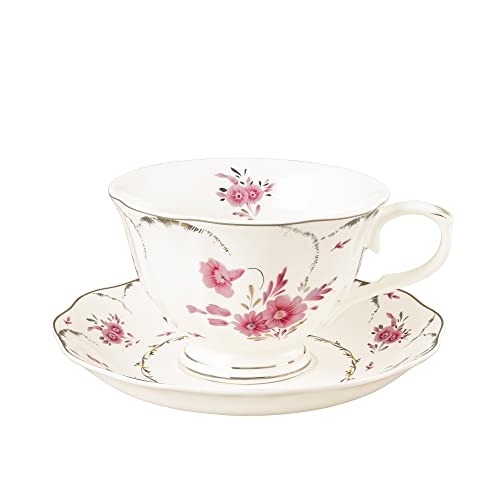 fanquare Weiße Porzellan Teetasse mit Unterteller, Rose Teetasse für Kaffee, Latte, Espresso, 200ml von fanquare