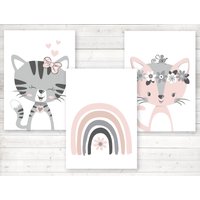 Bilder Kinderzimmer, Poster, Kinderbilder, 3Er Set Katzen Mit Regenbogen Weiß Rosa, A4 von farbfein