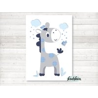 Bilder Kinderzimmer Poster Kinderbild Kinderzimmerbild Giraffe/A4/Weiß/Blau von farbfein