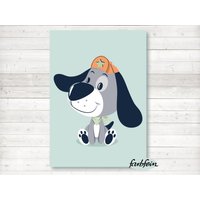 Bilder Kinderzimmer Poster Kinderbild Kinderzimmerbild Hund Mit Cap/A4/Aqua von farbfein