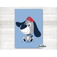 Bilder Kinderzimmer Poster Kinderbild Kinderzimmerbild Hund Mit Cap/A4/Blau von farbfein