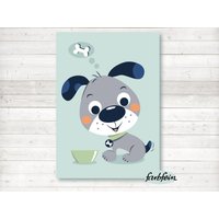 Bilder Kinderzimmer Poster Kinderbild Kinderzimmerbild Hund Mit Napf/A4/Aqua von farbfein