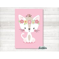 Bilder Kinderzimmer Poster Kinderbild Kinderzimmerbild Katze Mit Blumen - A4-Light Pink von farbfein