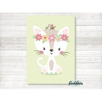 Bilder Kinderzimmer Poster Kinderbild Kinderzimmerbild Katze Mit Blumen - A4-Pastell Grün Bilder Kinderzimmer Poster Kinderbild Kinderzimmerbild Katze Mit Blumen - A4-Pastell Grün von farbfein