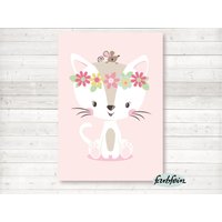 Bilder Kinderzimmer Poster Kinderbild Kinderzimmerbild Katze Mit Blumen - A4 - Rosa von farbfein