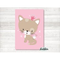 Bilder Kinderzimmer Poster Kinderbild Kinderzimmerbild Katze Mit Krone - A4 - Light Pink von farbfein