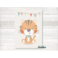 Bilder Kinderzimmer Poster Kinderbild Kinderzimmerbild Süßer Tiger/A4/Bunt von farbfein