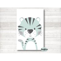 Bilder Kinderzimmer Poster Kinderbild Kinderzimmerbild Süßer Tiger/A4/Weiß/Mint von farbfein