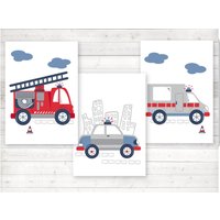 Bilder Kinderzimmer Poster Kinderbilder, 3Er Set Feuerwehrauto, Polizeiauto, Krankenwagen Wahlweise Mit Namen, A4 Weiß Rot Blau von farbfein