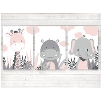 Bilder Kinderzimmer Poster Kinderbilder, 3Er Set Giraffe, Nilpferd, Elefant Im Dschungel Wahlweise Mit Namen, A4 Weiß Rosa von farbfein