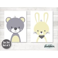 Bilder Kinderzimmer Poster Kinderbilder Kinderzimmerbilder 2Er Set Bär Und Hase/A4/Gelb Grau Bilder Kinderzimmer Poster Kinderbilder Kinderzimmerbilder 2Er Set Bär Und Hase/A4/Gelb Grau von farbfein