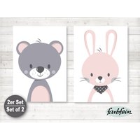 Bilder Kinderzimmer Poster Kinderbilder Kinderzimmerbilder 2Er Set Bär Und Hase/A4/Rosa Grau von farbfein
