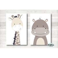 Bilder Kinderzimmer Poster Kinderbilder Kinderzimmerbilder 2Er Set Giraffe Und Nilpferd/A4/Beige von farbfein