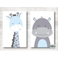 Bilder Kinderzimmer Poster Kinderbilder Kinderzimmerbilder 2Er Set Giraffe Und Nilpferd/A4/Blau Grau von farbfein