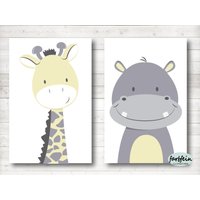 Bilder Kinderzimmer Poster Kinderbilder Kinderzimmerbilder 2Er Set Giraffe Und Nilpferd/A4/Gelb Grau von farbfein