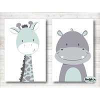 Bilder Kinderzimmer Poster Kinderbilder Kinderzimmerbilder 2Er Set Giraffe Und Nilpferd/A4/Mint Grau von farbfein