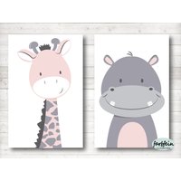 Bilder Kinderzimmer Poster Kinderbilder Kinderzimmerbilder 2Er Set Giraffe Und Nilpferd/A4/Rosa Grau von farbfein