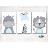 Bilder Kinderzimmer Poster Kinderbilder Kinderzimmerbilder Nilpferd/Löwe/Giraffe 3Er Set/A4/Weiß/Blau Grau von farbfein