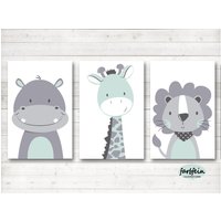 Bilder Kinderzimmer Poster Kinderbilder Kinderzimmerbilder Nilpferd/Löwe/Giraffe 3Er Set/A4/Weiß/Mint Grau von farbfein