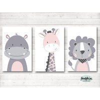 Bilder Kinderzimmer Poster Kinderbilder Kinderzimmerbilder Nilpferd/Löwe/Giraffe 3Er Set/A4/Weiß/Rosa Grau von farbfein
