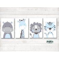 Bilder Kinderzimmer Poster Kinderbilder Kinderzimmerbilder Tiger/Löwe/Nilpferd/Giraffe 4Er Set/A4/Weiß/Blau Grau von farbfein