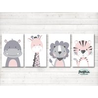 Bilder Kinderzimmer Poster Kinderbilder Kinderzimmerbilder Tiger/Löwe/Nilpferd/Giraffe 4Er Set/A4/Weiß/Rosa Grau von farbfein