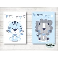 Bilder Kinderzimmer Poster Kinderbilder Kinderzimmerbilder Tiger/Löwe 2Er Set/A4/Weiß/ Blau Grau von farbfein