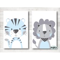 Bilder Kinderzimmer Poster Kinderbilder Kinderzimmerbilder Tiger/Löwe 2Er Set/A4/Weiß/Blau Grau von farbfein