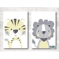 Bilder Kinderzimmer Poster Kinderbilder Kinderzimmerbilder Tiger/Löwe 2Er Set/A4/Weiß/Gelb Grau von farbfein