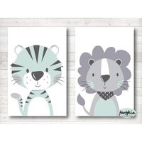 Bilder Kinderzimmer Poster Kinderbilder Kinderzimmerbilder Tiger/Löwe 2Er Set/A4/Weiß/Mint Grau von farbfein