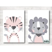 Bilder Kinderzimmer Poster Kinderbilder Kinderzimmerbilder Tiger/Löwe 2Er Set/A4/Weiß/Rosa Grau von farbfein