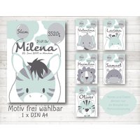 Personalisierte Geburtsanzeige Geburtsbild Geburtsdaten Druck Bilder Kinderzimmer/Motiv Frei Wählbar-A4/ Weiß Mint Grau von farbfein