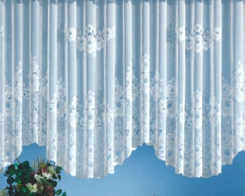 heimtexland Gardinen Jacquard Store mit Kräuselband weiß halb-transparent, Blumen Bordüre gebogt, Vorhang Typ1 - Bogenstore HxB 145x900 cm für Fensterbreiten von 310-390 cm von heimtexland