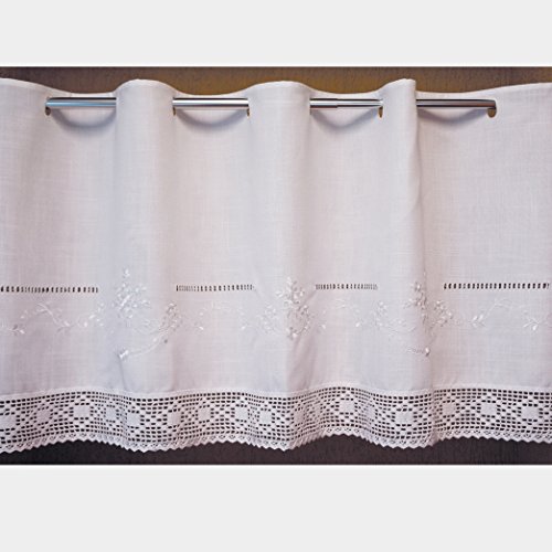 Scheibengardine 60x145 cm aus schöner Landhaus Serie Stickerei mit Häkelspitze in weiß 100% Bistrogardine gehäkelt & Bestickt Country Chic Gardine Typ368 von fashion and joy