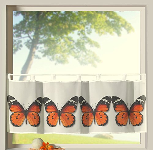 heimtexland ® Scheibengardine Frühling Schlaufenbistro Schmetterlinge in Kupfer hochwertiger Druck auf Voile in weiß Panneaux HxB 45x120cm Gardine Typ322 von heimtexland