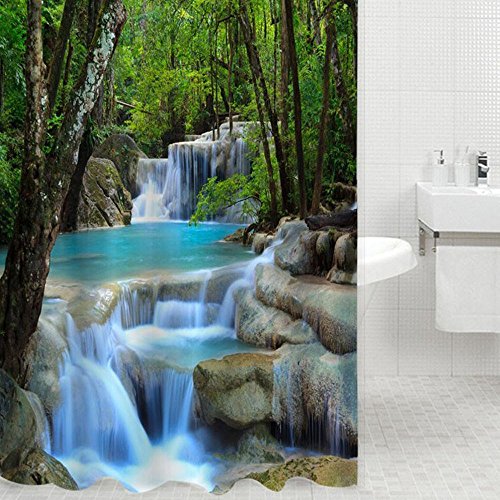 Duschvorhang mit 3-D-Optik, Wasserfall-Motiv, fürs Badezimmer, Wasserabweisend, 1,8 x 2 m, mit 12 Haken von fashionbeautybuy