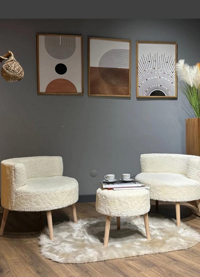 fashionshowcase Loungeset 3-teiliges Plüsch Set 2 Plüschsessel & 1 Hocker mit Holzbeinen, (Sitzgruppe), Modernes Design in verschiedenen Farben von fashionshowcase