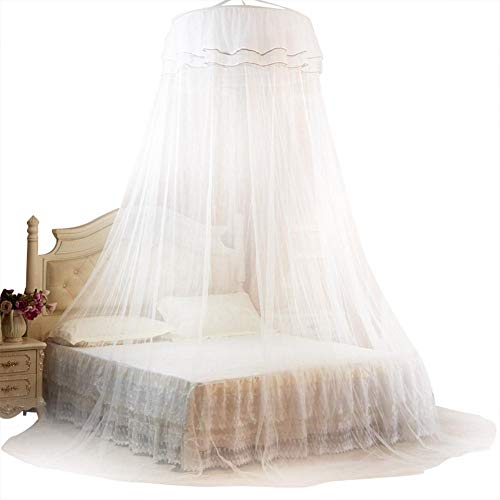 fasient Moskitonetz Bett Baldachin Faltbare 360 Grad Runde Baldachin Atmungsaktive Mesh Princess Lace Style Bett Moskitonetz für Damen Schlafzimmer Dekoration(White) von fasient