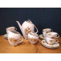 Hhr Porzellan Mokkaservice 6 Pers Kaffeekanne Zuckerdose Kännchen Tasse Untere Weiß Gold Dekor Rosen Antik von sinteins