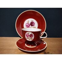 Veb Porzellanwerk Lichte Porzellan Sammelgedeck Tasse Untere Kuchenteller Shabby Chic Geschirr Rosen Gold Made in Gdr 70Er Jahrgang von sinteins
