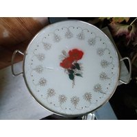 Vintage Kuchenplatte 80'er Tortenplatte Mit Metallmontur Platte Rosen Dekor Vintage Kuchenplatte 80'er Tortenplatte Mit Metallmontur Platte Rosen Dekor von sinteins