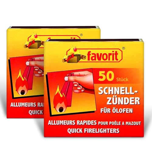 Favorit Ölofenschnellanzünder mit integriertem Streichholz 50er Pack im 2er Set, Effiziente Feuerstarter für Grill und Kamin, Made in Germany von Favorit