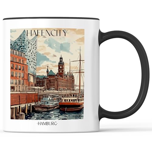 favplace Tasse mit Städtemotiv Hafencity Hamburg Kaffeebecher - Geschenkidee bzw. Geschenk für Fernweh oder Heimat - Reise Kaffeetasse 330ml Schwarz von favplace