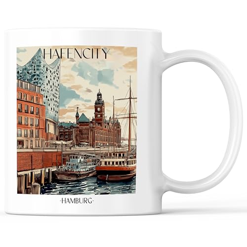 favplace Tasse mit Städtemotiv Hafencity Hamburg Kaffeebecher - Geschenkidee bzw. Geschenk für Fernweh oder Heimat - Reise Kaffeetasse 330ml Weiß von favplace