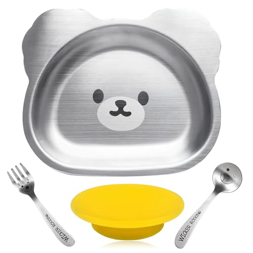 fayaahoo Edelstahl Teller Baby, Rutschfest Baby Teller mit Saugnapf, Süße Babygeschirr Kinderteller, Babyteller mit Saugnapf, BPA-Frei Edelstahlteller Kindergeschirr Set mit Kinderlöffel und Gabel von fayaahoo