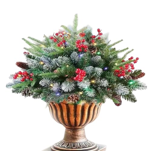 fayarrd Vorgefertigter Kunst-Weihnachtsbaum Mit LED-Beleuchtung Als Übertopf-Füller,60 LED Mattierter Urnen Füller Mit Tannenzapfen Und Roten Beeren | Festliche Weihnachtsdekoration Für Vorgarten von fayarrd