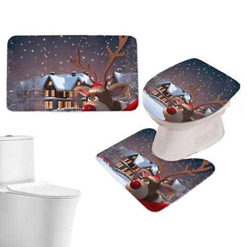 fayarrd Weihnachtliches Badezimmer-Set | Toilettendeckelbezug Weihnachts Badteppich,Cartoon Bodenmatte Für Festliche Weihnachtsation von fayarrd