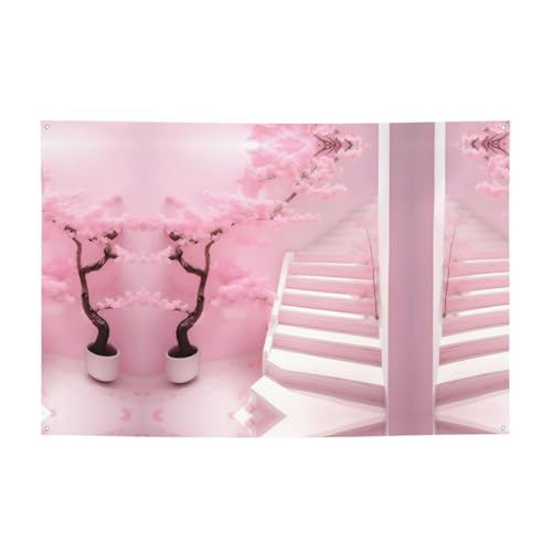 FDGBNM Kirschblüten-weiße Treppe, lebendiges Party-Banner, 119,4 x 43,2 cm, UV-beständig, lichtbeständig, 4 Ösen, für den Innen- und Außenbereich geeignet. von fdgbnm