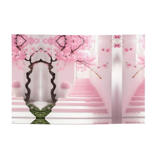 FDGBNM Pinke Kirschblüten-Treppe, lebendiges Party-Banner, 119,4 x 43,2 cm, UV-beständig, lichtbeständig, 4 Ösen, für den Innen- und Außenbereich geeignet. von fdgbnm