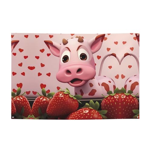FDGBNM Pinke Kuh mit Erdbeeren, lebendiges Party-Banner, 119,4 x 43,2 cm, UV-beständig, lichtbeständig, 4 Ösen, für den Innen- und Außenbereich von fdgbnm